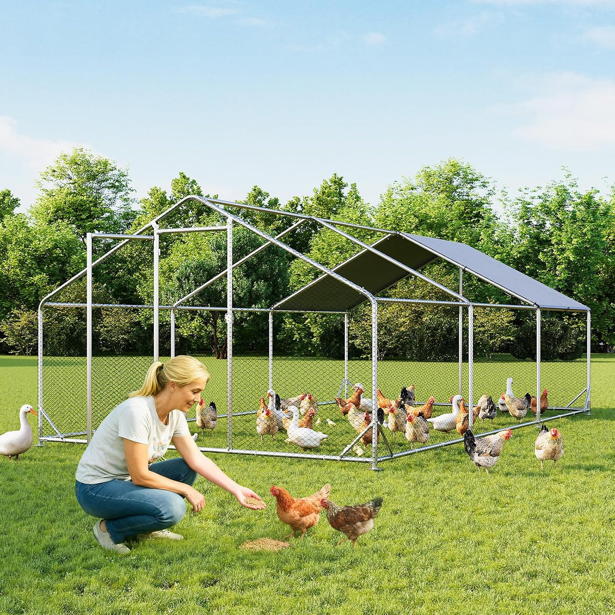 Aoxun Large Metal Chicken Coop, Outdoor Chicken Runs for Yard with Cover, Spire Roof Hen House Enclosure with Security Lock, Walk-in Cage Peak Hen House for Yard Farm (10x20x6.4 FT)