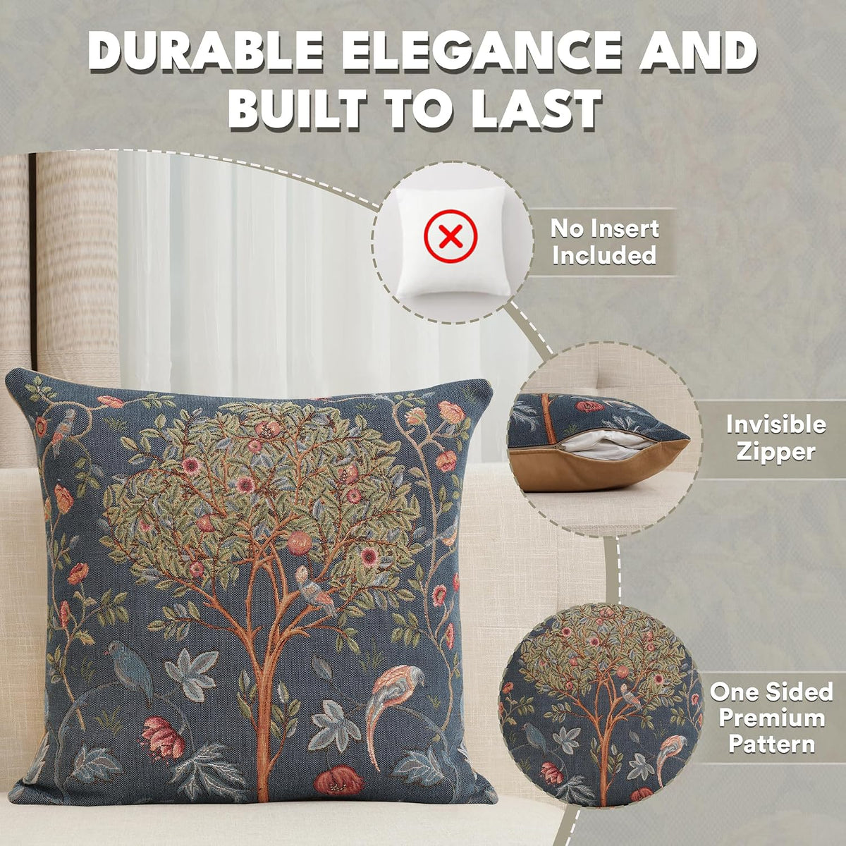 William Morris Kelmscott Tree Blue Tapestry Throw Pillow Cover 19 x 19 in