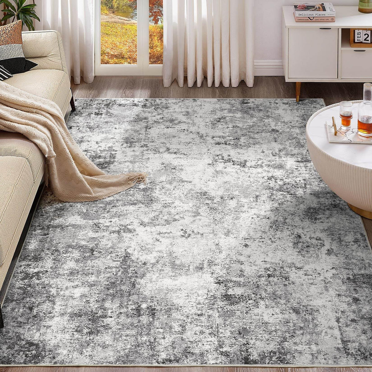 UERMEI 9x12 Area Rug Living Room Rugs - Washable Neutral Modern Abstract Soft Thin Large Rug Indoor Floor No Slip Rug Carpet for Bedroom Under Dining Table Home Office Decor - Brown Grey