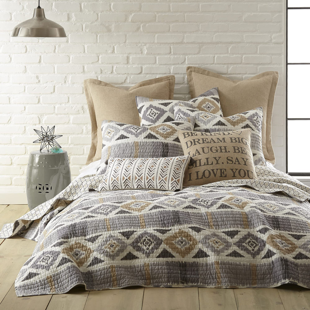 Levtex Home - Santa Fe Full/Queen Quilt - Ikat Pattern - Soft Grey, Cream, and Tan - Quilt Size (88x92in.) - Reversible - Cotton Fabric