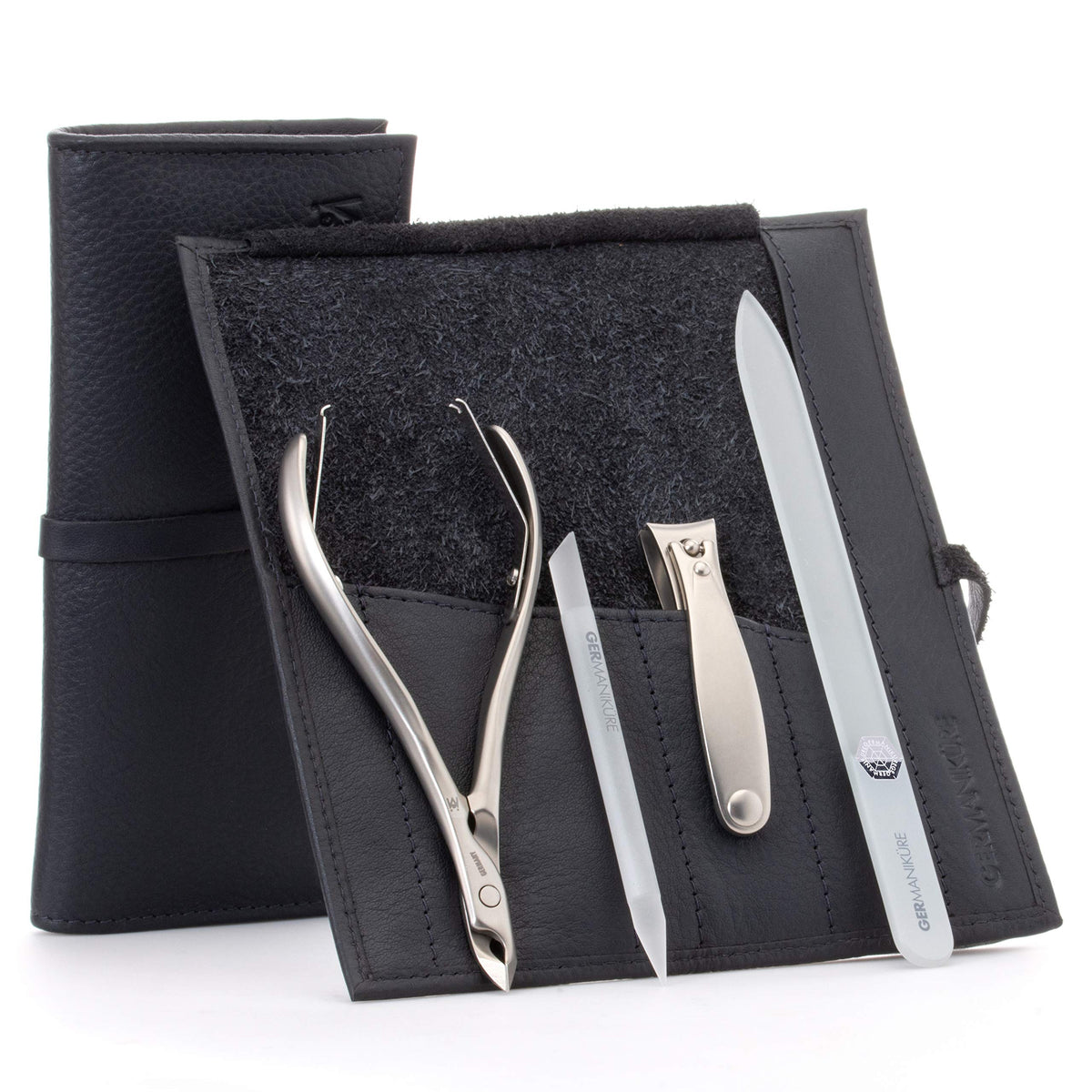 GERMANIKURE 7pc Manicure & Pedicure Set, FINOX Steel, Purple Leather Roll