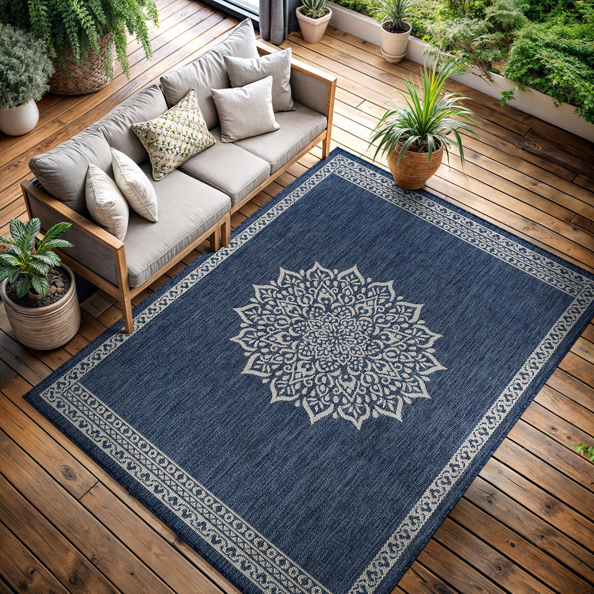 CAMILSON Outdoor Rug 6x9, Modern Outside Rugs for Patios Porches Waterproof Durable Washable Non-Shedding, Easy-to-Clean Indoor Outdoor Area Carpet (6 x 9, Bordered - Blue/White)