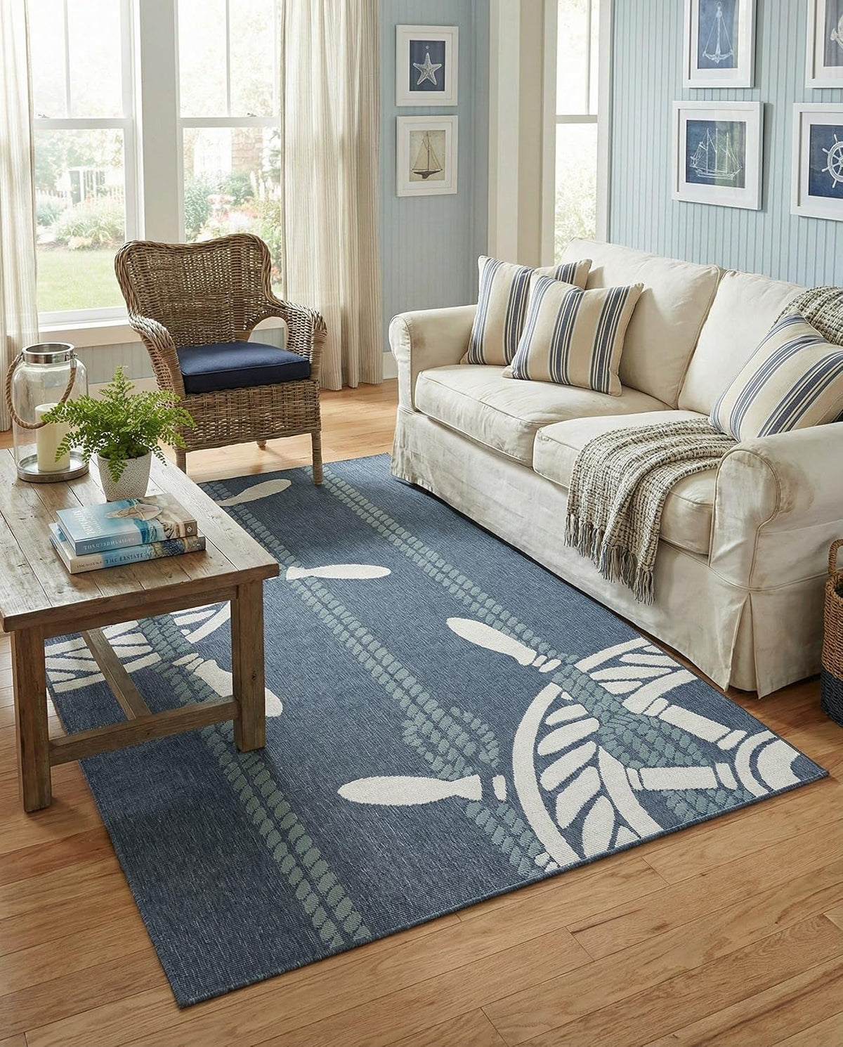 Rugs.com - Outdoor Coastal Rug – 5' 3 x 8' Navy Blue Washable Indoor/Outdoor Rug – Nautical Ship Wheel Design for Patios, Decks, and Porches