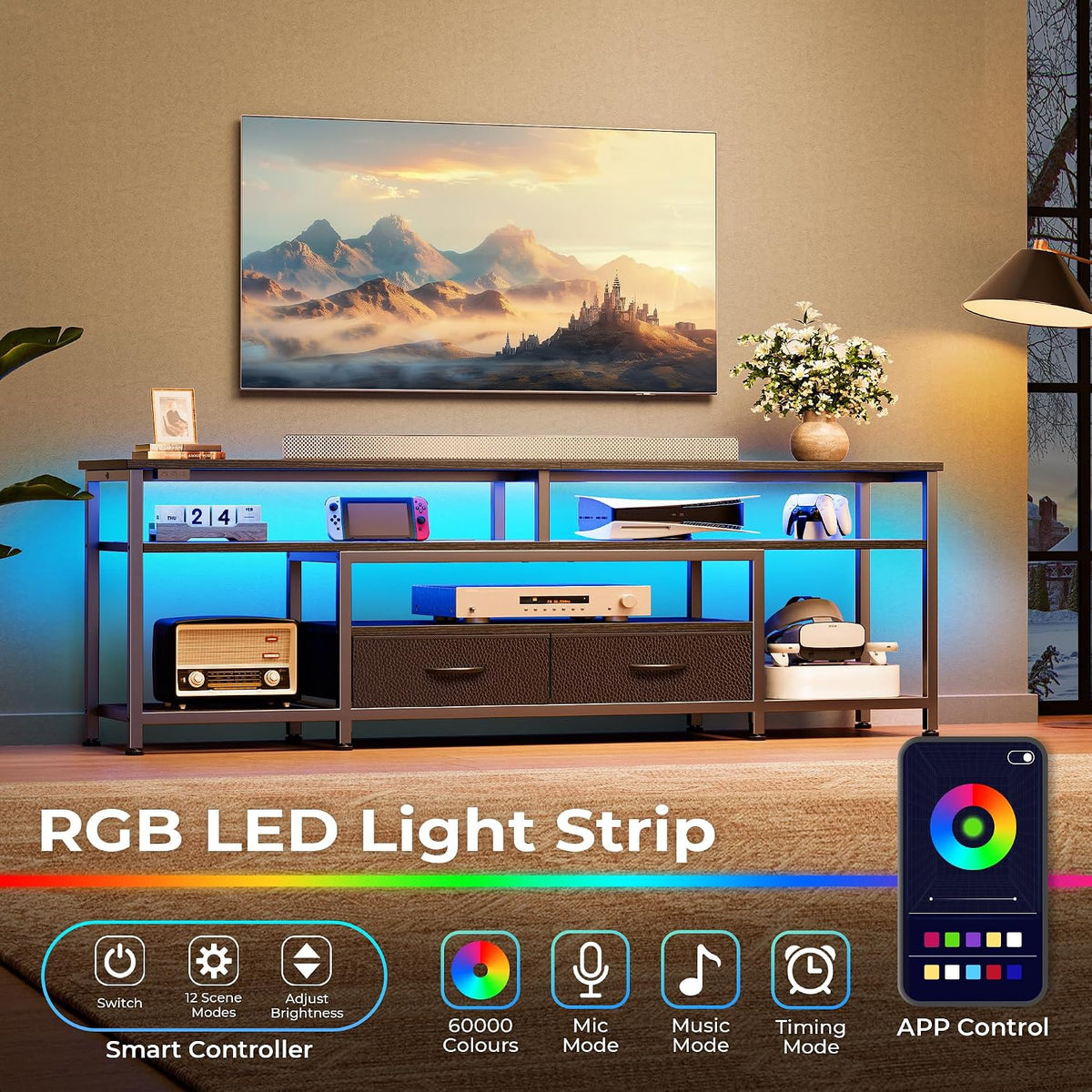 Huuger 63 Inch LED TV Stand with Power Outlets for 65 70 Inch TV