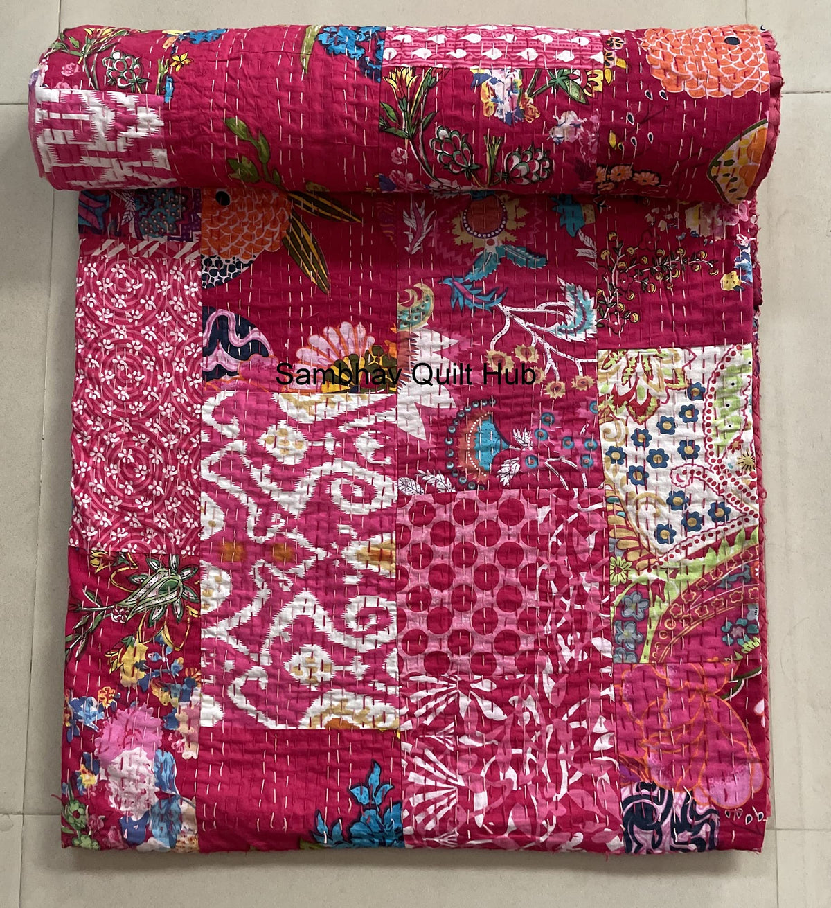 Traditional Handblock Print Multi Floral Assorted Cotton Patchwork Kantha Quilt Home Decorative Handmade Patch Quilted King Size Bohemian Bedding Throw Blanket Vintage Quilt (Yellow, 108X108 inches)