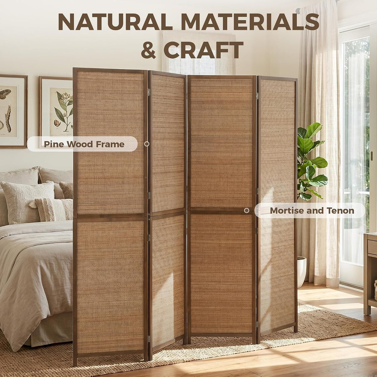 HOMCOM Room Divider, 6 FT Tall Folding Privacy Screen, 4-Panel Boho Brown