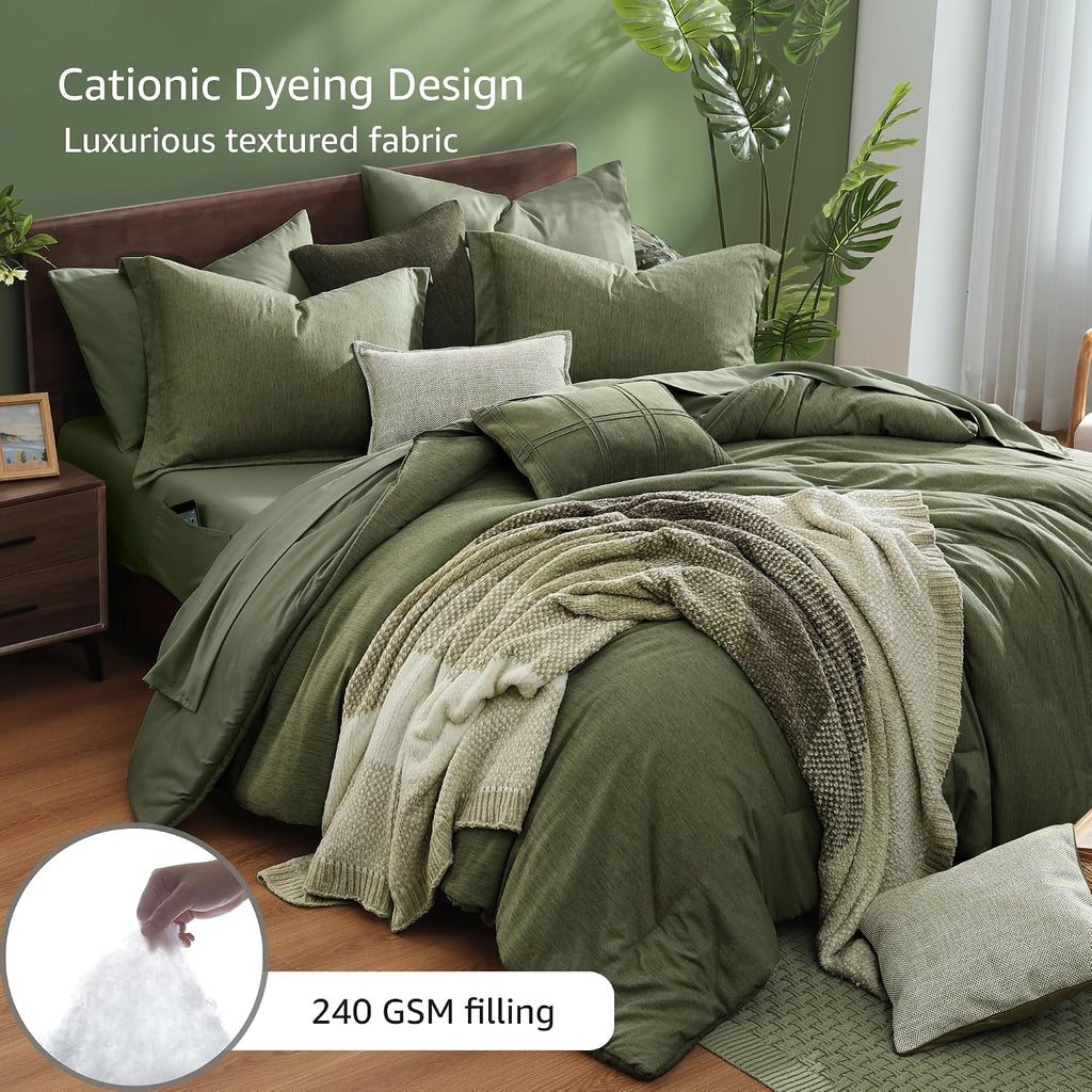 Monbix King Size Comforter Set Olive Green 7 Pieces Bed in a Bag