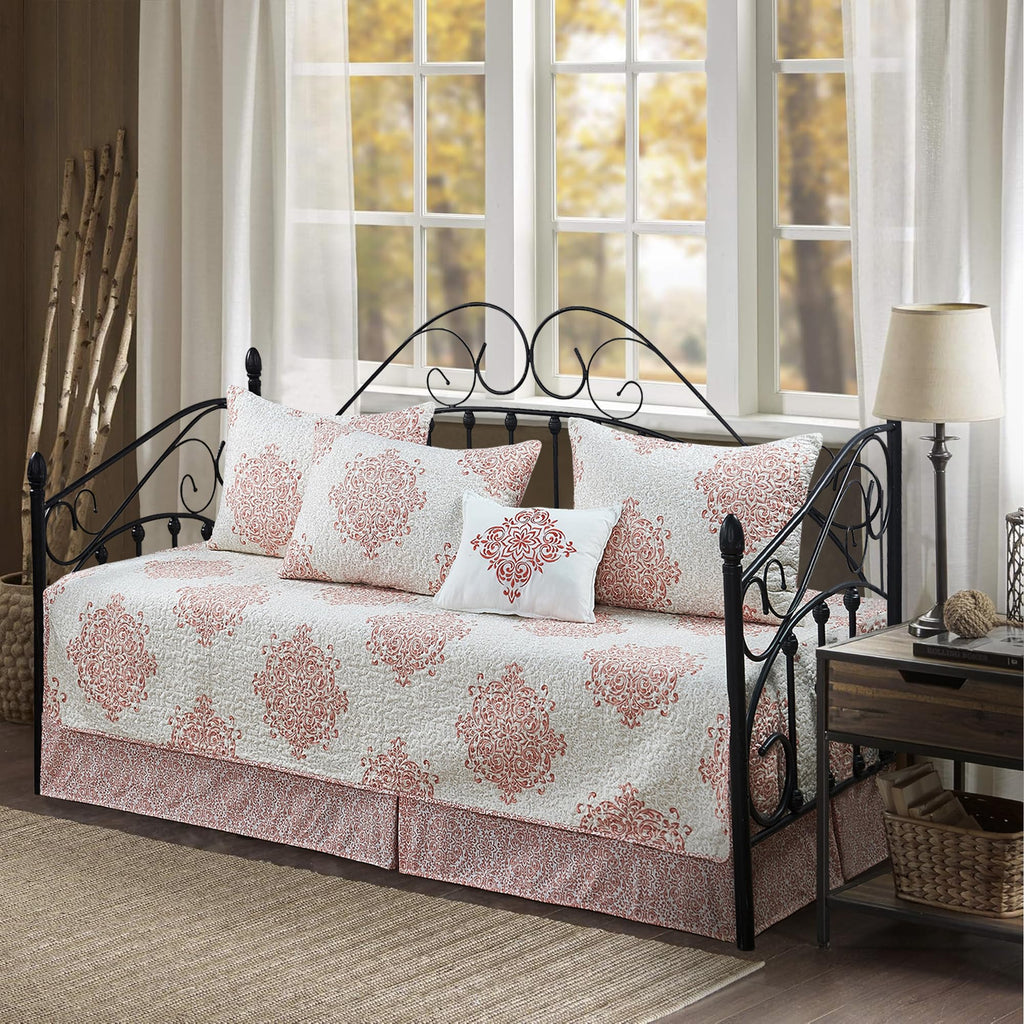 5-Piece Quilted Microfiber Daybed Cover Set with Floral Embroidery, All Season Luxurious Bedding with Matching Shams and Bed Skirt, 75"x39", Pink Flower