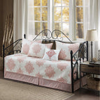 5-Piece Quilted Microfiber Daybed Cover Set with Floral Embroidery, All Season Luxurious Bedding with Matching Shams and Bed Skirt, 75"x39", Pink Flower