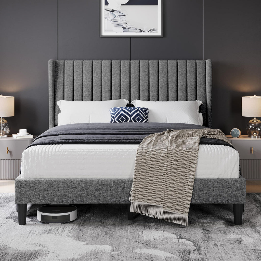 Yaheetech Queen Bed Frame with Headboard, Ivory Channel-Tufted Platform