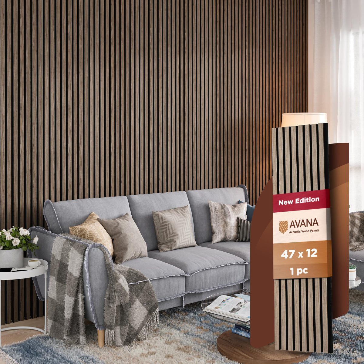 Avana Acoustic Wood Wall Panels – 93.2x11.25 Inch Panels – Fits 94x12 Layout – Rustic Walnut Acoustic Panels 4 PCs –Wall Panels For Interior Wall Decor For Homes, Offices – Durable Wood Panel For Wall