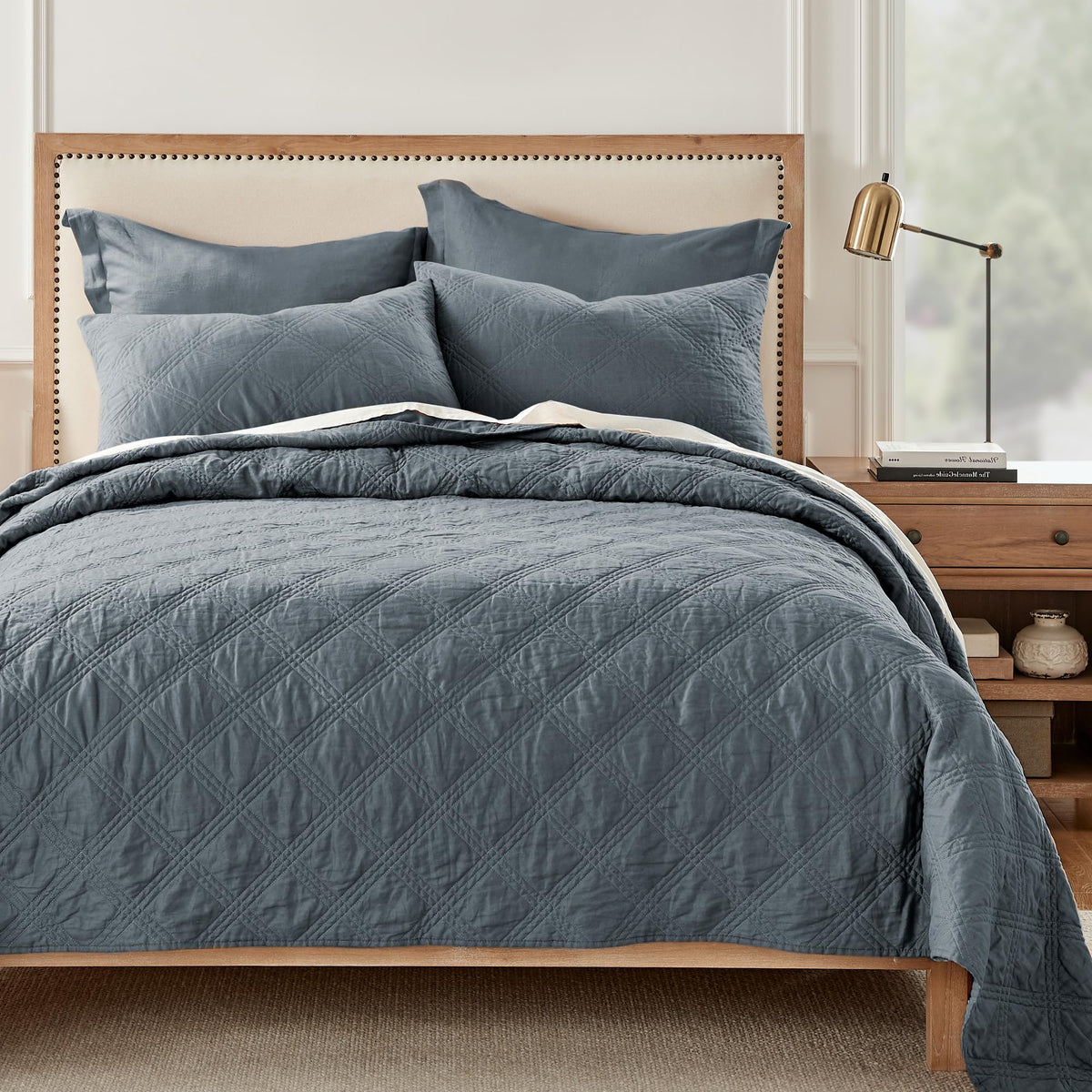 Levtex Home - 100% French Flax Linen Front/100% Cotton Back - Quilted Throw - French Flax Washed Linen - Charcoal - Throw Size (50 x 60in.)
