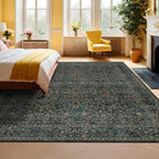 Floral Dark Green Washable Area Rugs 8x10, Vintage Living Room Rug