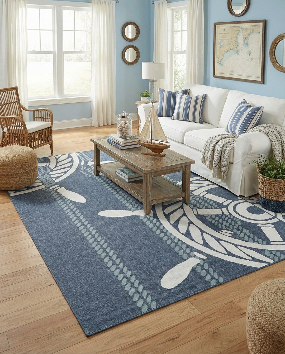 Rugs.com - Outdoor Coastal Rug – 5' 3 x 8' Navy Blue Washable Indoor/Outdoor Rug – Nautical Ship Wheel Design for Patios, Decks, and Porches