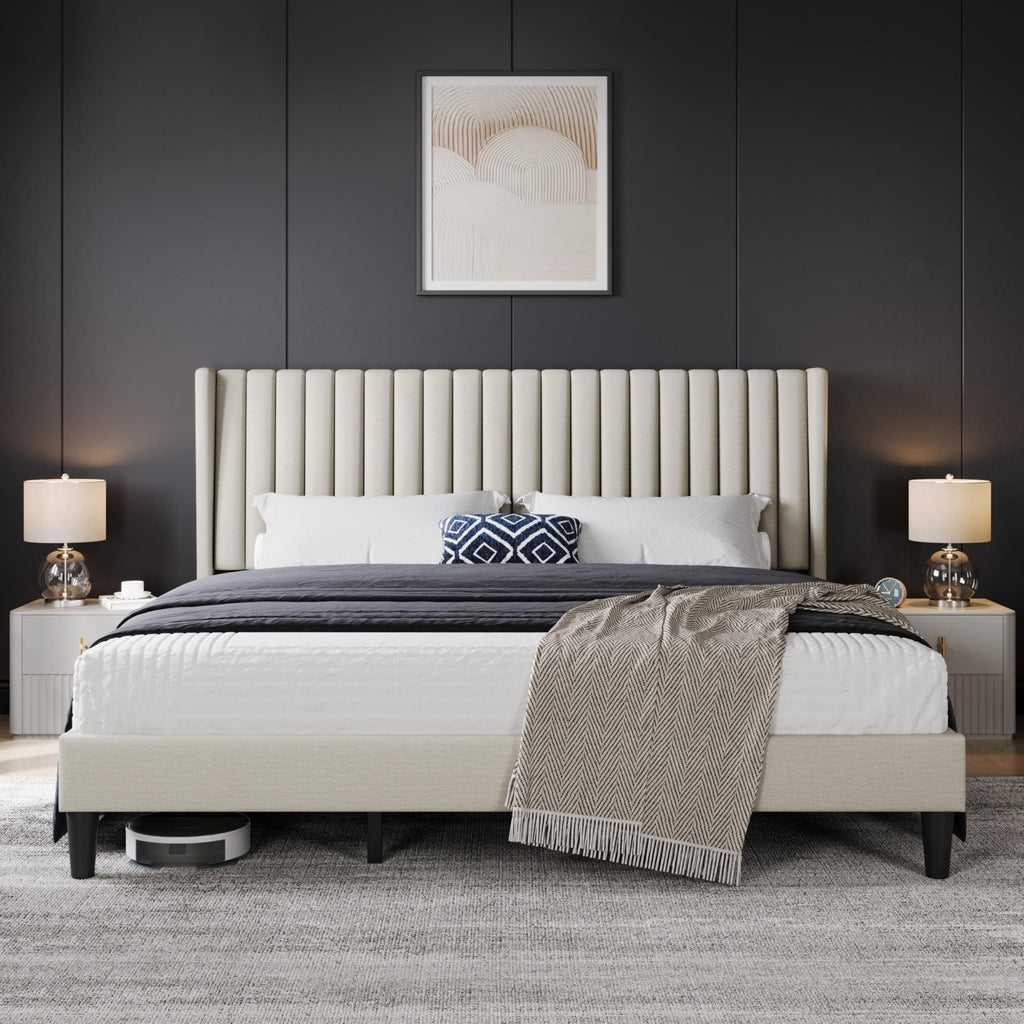 Yaheetech Queen Bed Frame with Headboard, Ivory Channel-Tufted Platform