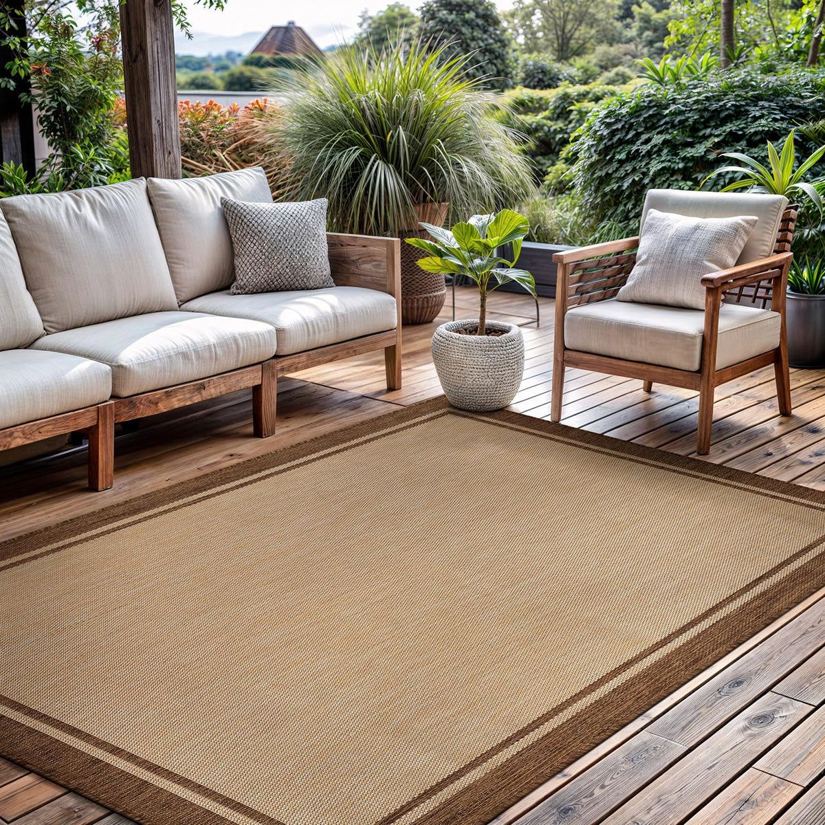 CAMILSON Outdoor Rug 6x9, Modern Outside Rugs for Patios Porches Waterproof Durable Washable Non-Shedding, Easy-to-Clean Indoor Outdoor Area Carpet (6 x 9, Bordered - Blue/White)