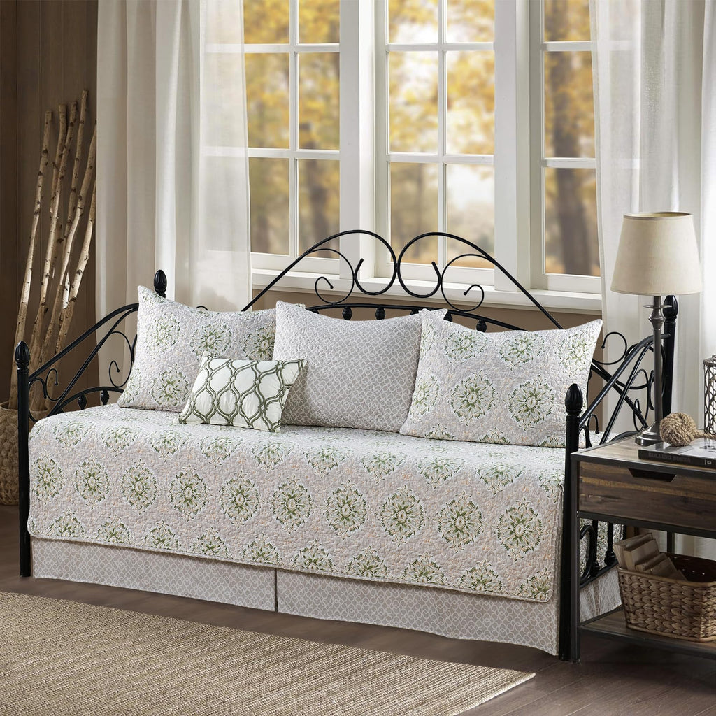 5-Piece Quilted Microfiber Daybed Cover Set with Floral Embroidery, All Season Luxurious Bedding with Matching Shams and Bed Skirt, 75"x39", Pink Flower