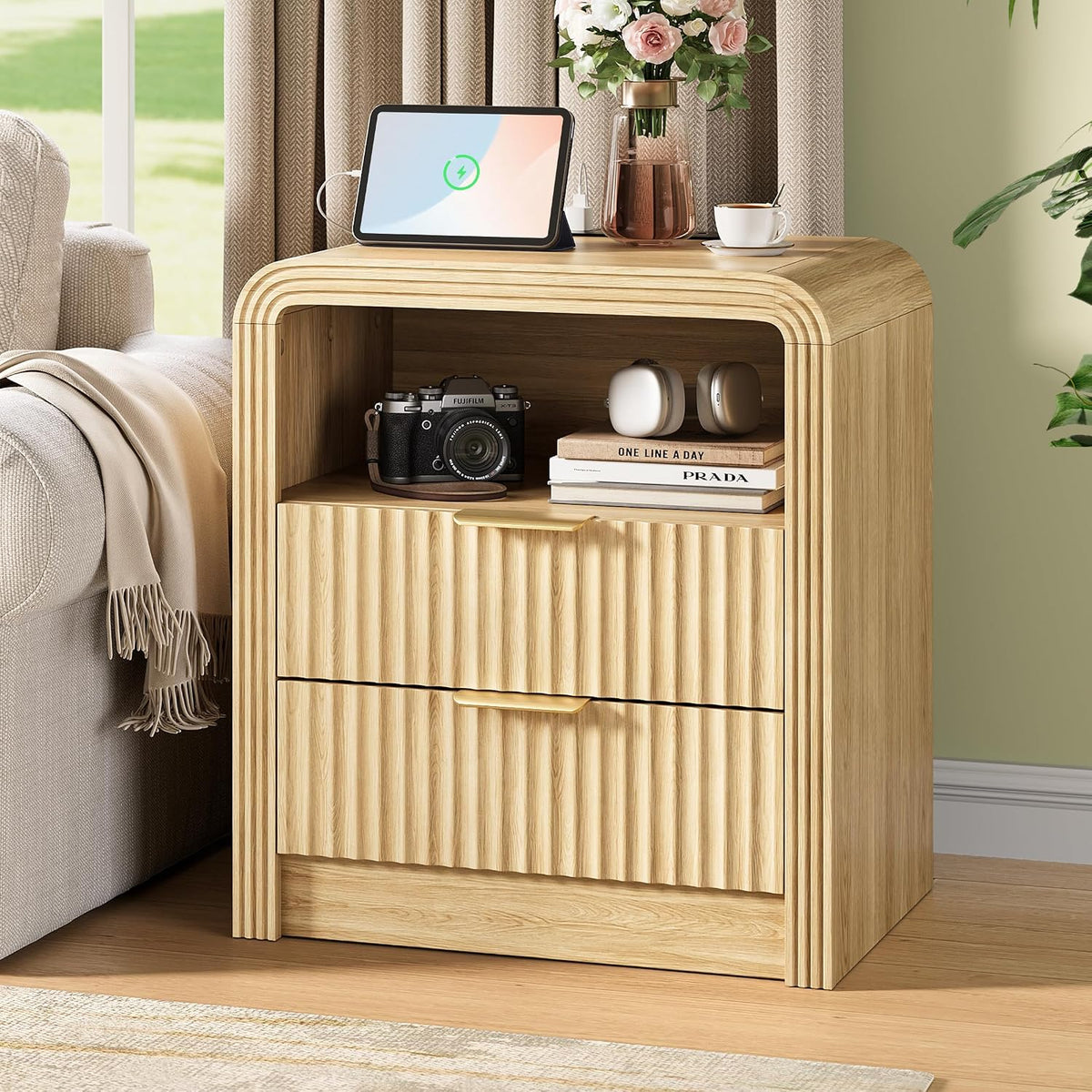 Decofy Fluted Nightstand Set of 2 with Charging Station, 2 Drawers, Oak