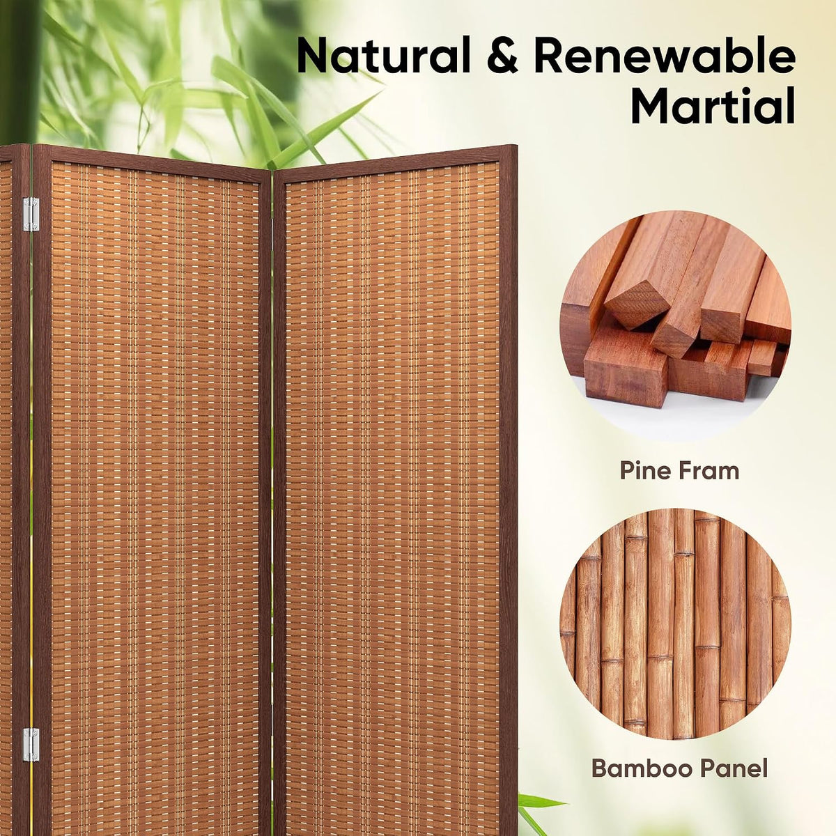 JOSTYLE 6 Panel Folding Privacy Screen 6ft Bamboo Freestanding Room Divider