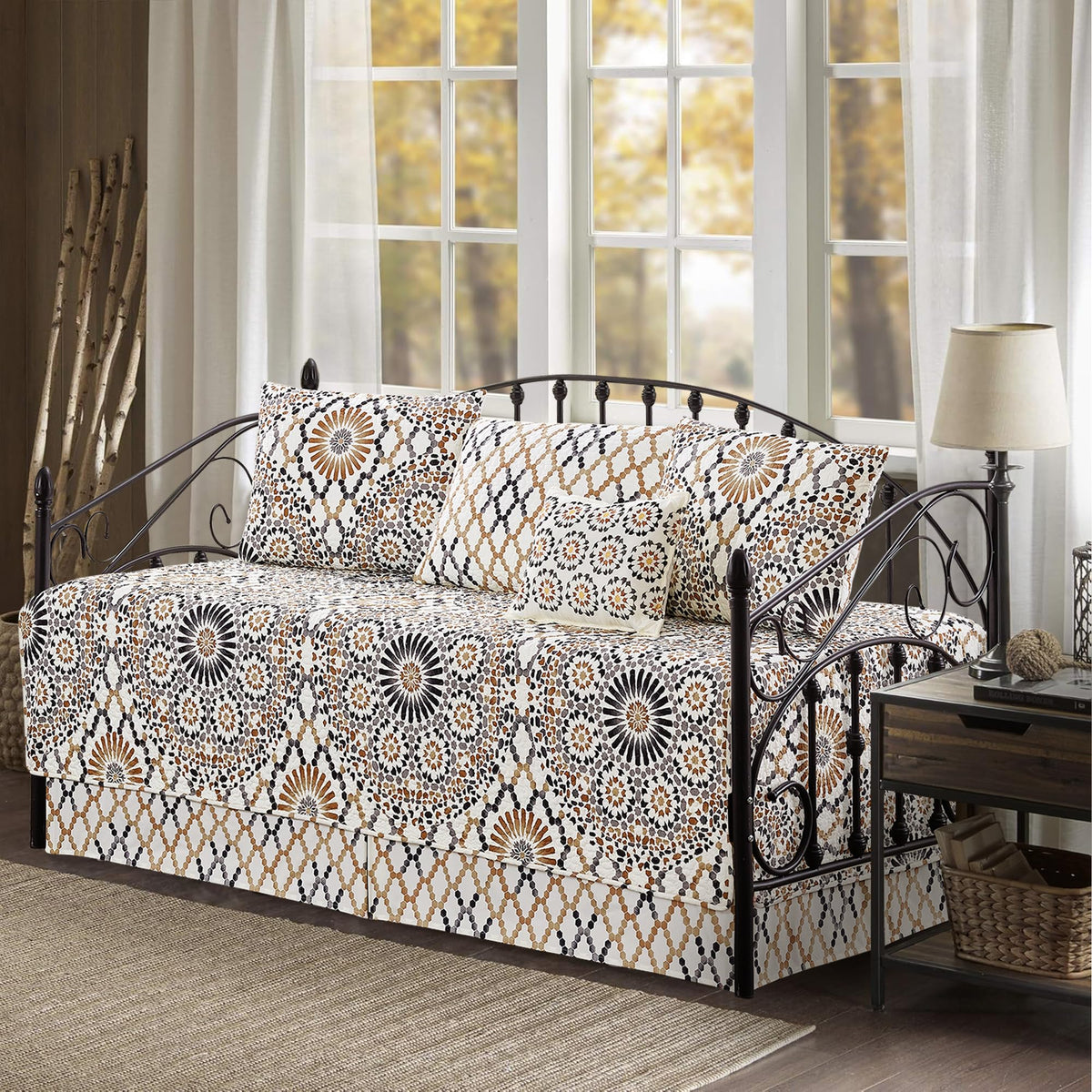 5-Piece Quilted Microfiber Daybed Cover Set with Floral Embroidery, All Season Luxurious Bedding with Matching Shams and Bed Skirt, 75"x39", Pink Flower