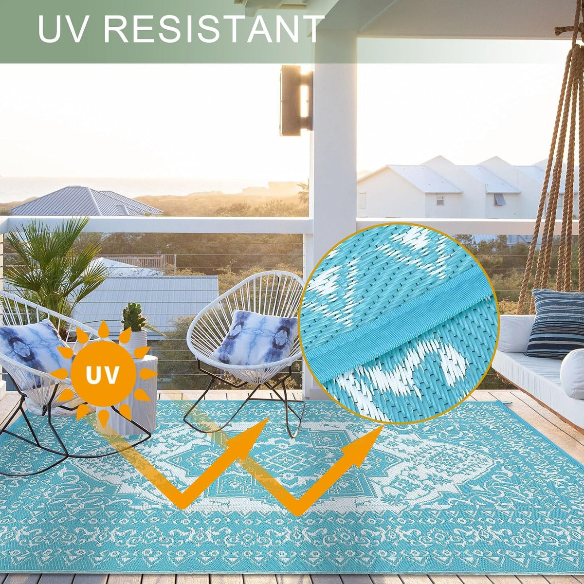 Outdoor Rugs 9x18 Reversible Mats Outdoor Plastic Straw Rug Waterproof Patio Rug Vintage Reversible Mats for Rv Deck Balcony Picnic, Beach, Trailer, Camping, Vintage|Light Blue