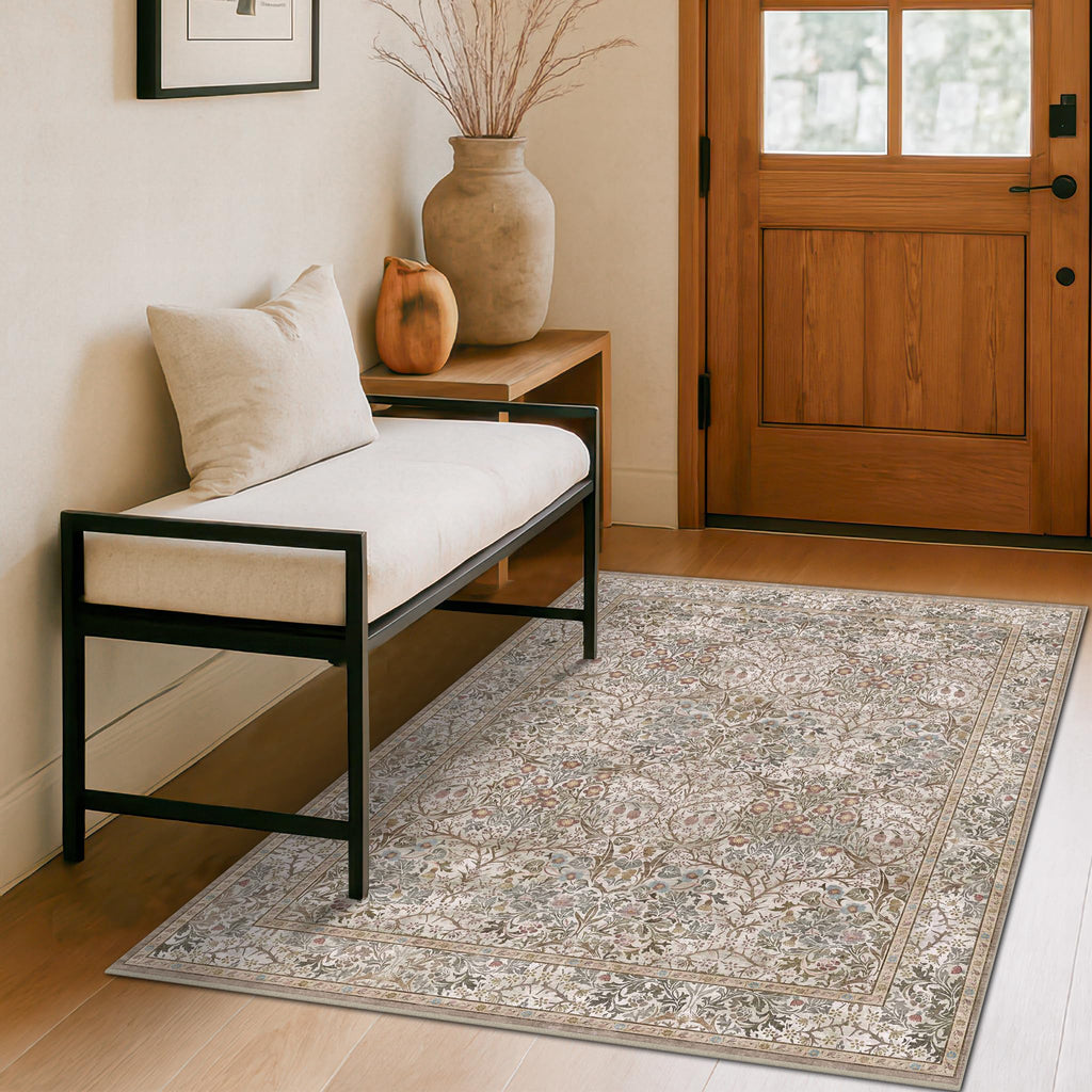 Floral Dark Green Washable Area Rugs 8x10, Vintage Living Room Rug