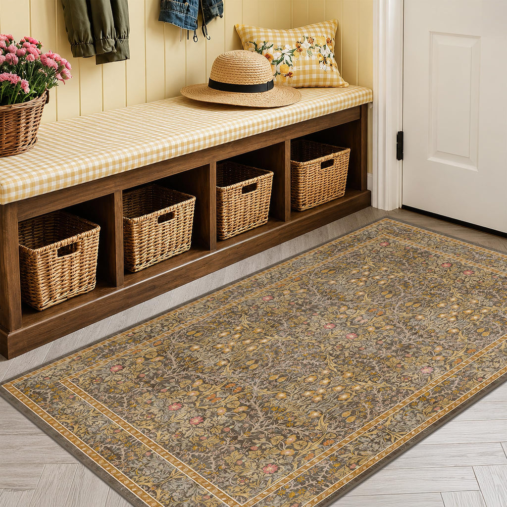Floral Dark Green Washable Area Rugs 8x10, Vintage Living Room Rug