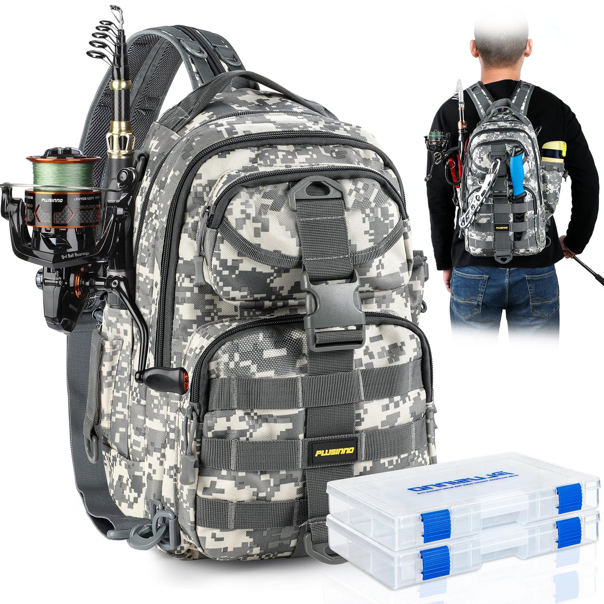 PLUSINNO Fishing Backpack with Rod & Reel Combos, Fishing Gear Kit
