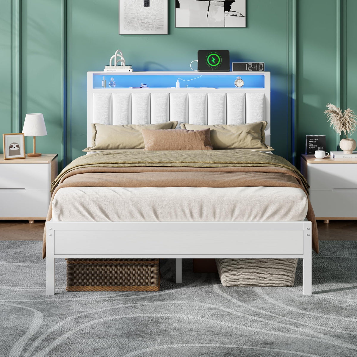 Furnulem Full Size Bed Frame with Charging Station and LED Lights