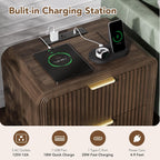 Decofy 23'' Wide Fluted Nightstand Set of 2 with Charging Station, Walnut