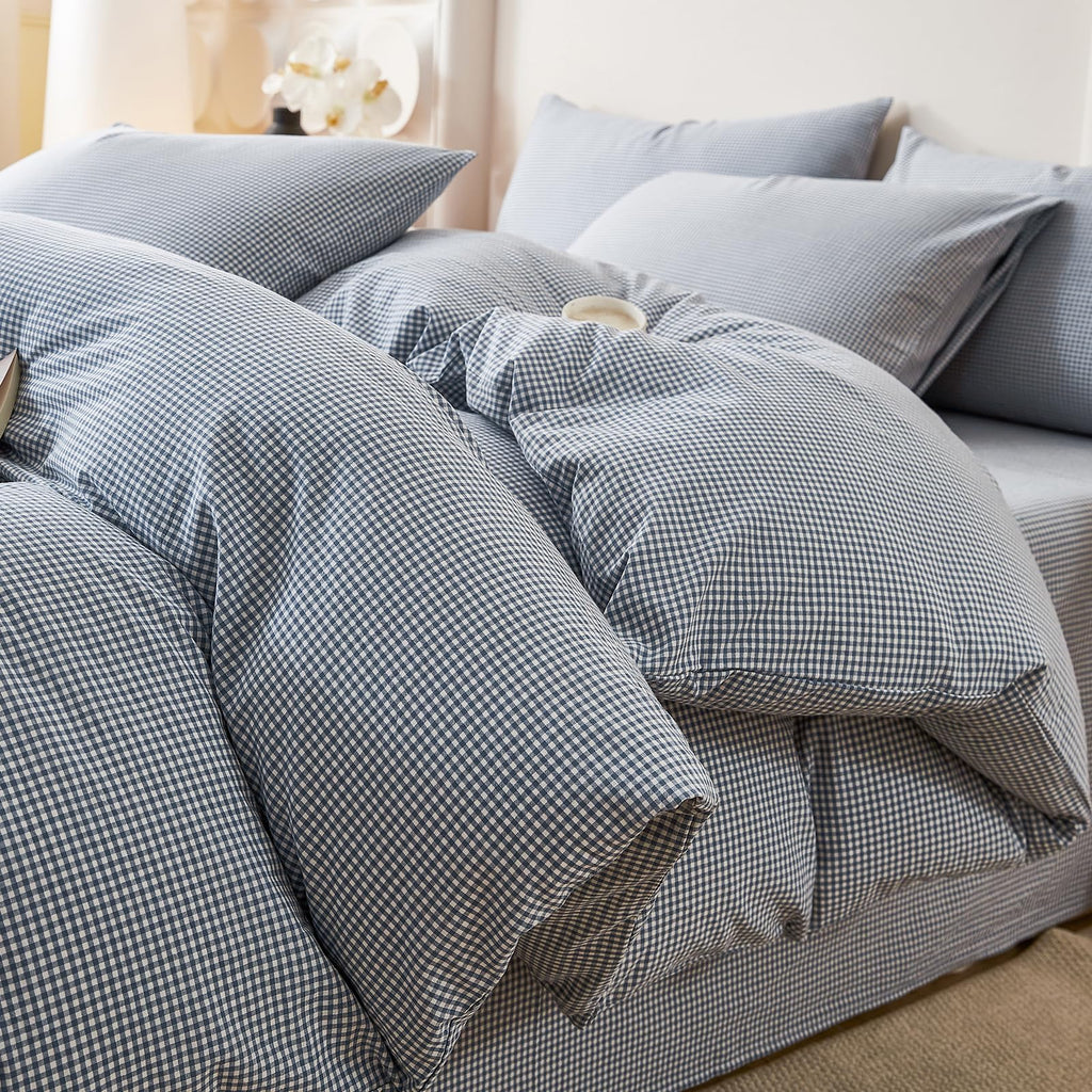 Plaid Duvet Cover Set Washed Cotton,Queen(90"x90"),Multicolor Gingham