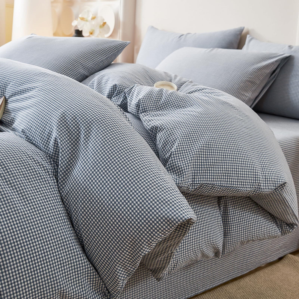 Plaid Duvet Cover Set Washed Cotton,Queen(90"x90"),Multicolor Gingham