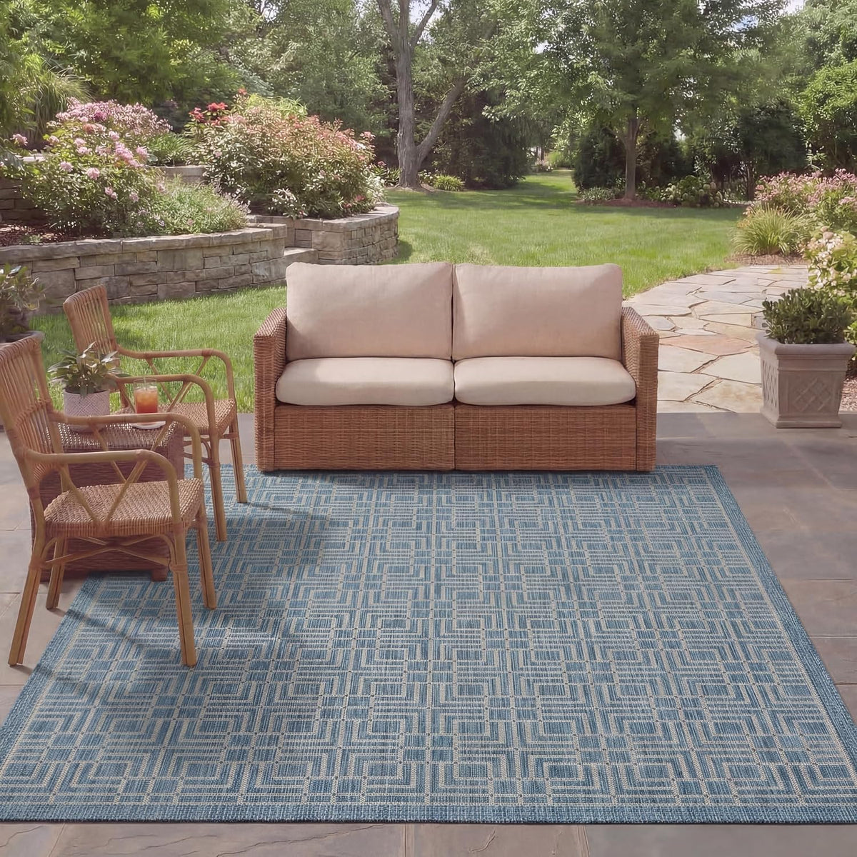 SAFAVIEH Washable Rug Outdoor Courtyard Collection - 8' x 11', Navy & Grey, Non-Shedding & Easy Cleaning, Ideal for Patio, Backyard, Mudroom (CY8467-36821)