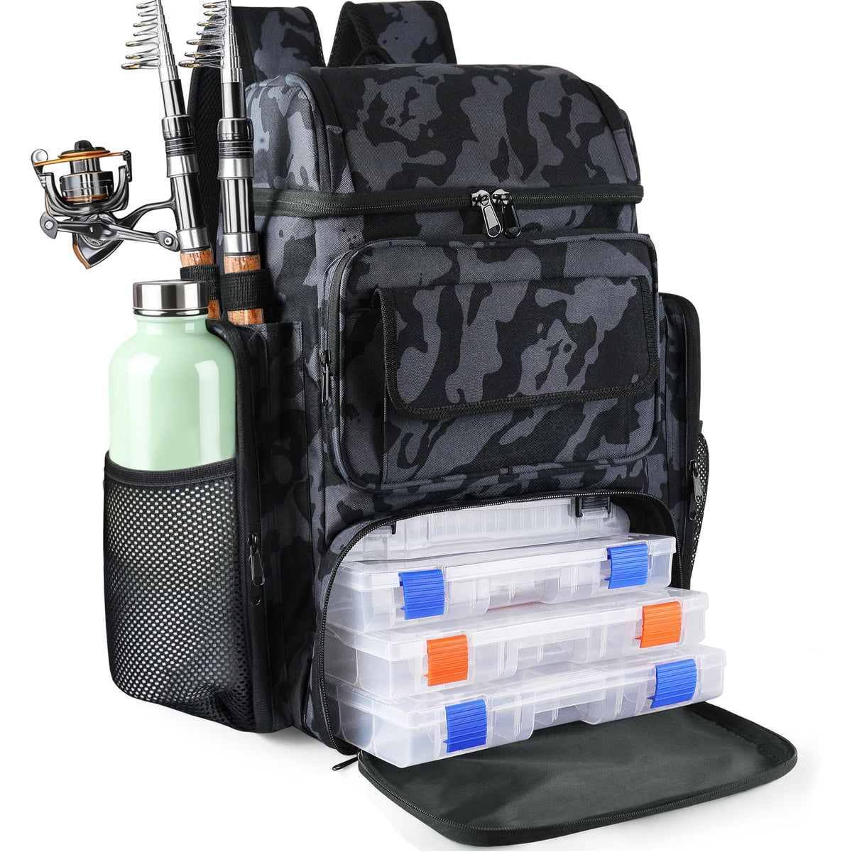 Fishing Tackle Backpack With Rod Holders,45L Large Tackle Bag & Fishing Tackle Backpack for Fishing,Camping, Hiking,Camouflage Blue
