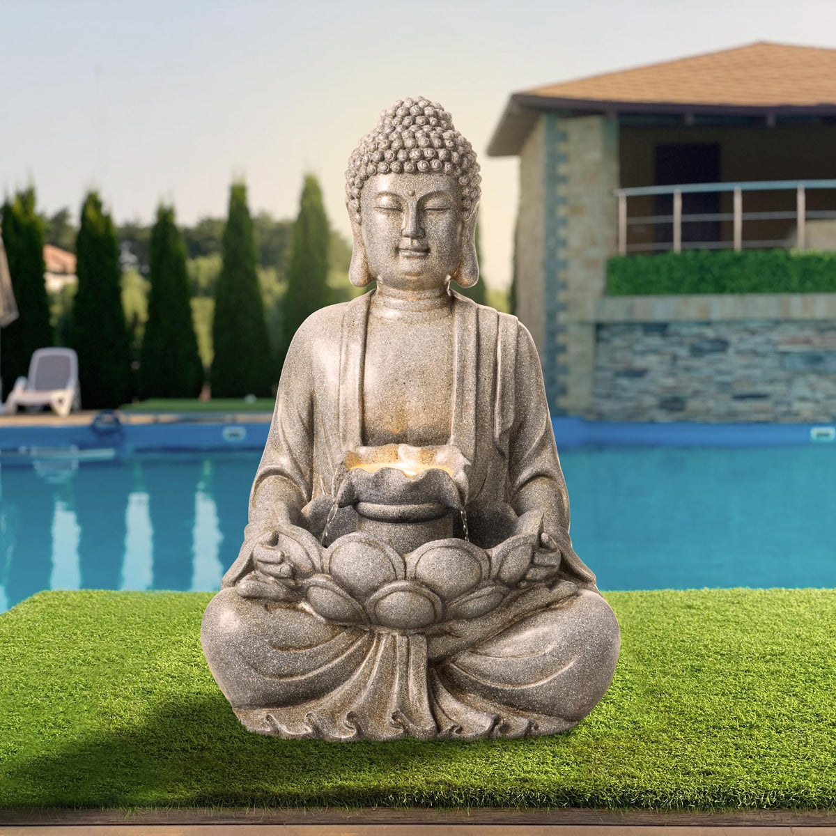 Glitzhome Buddha Statues, 20.5"H Zen Style Outdoor Buddha Fountian with LED Light & Pump, Outdoor Floor Freestanding Fountain Meditative Garden Buddha Sculptures & Statues for Garden Porch Lawn Decor