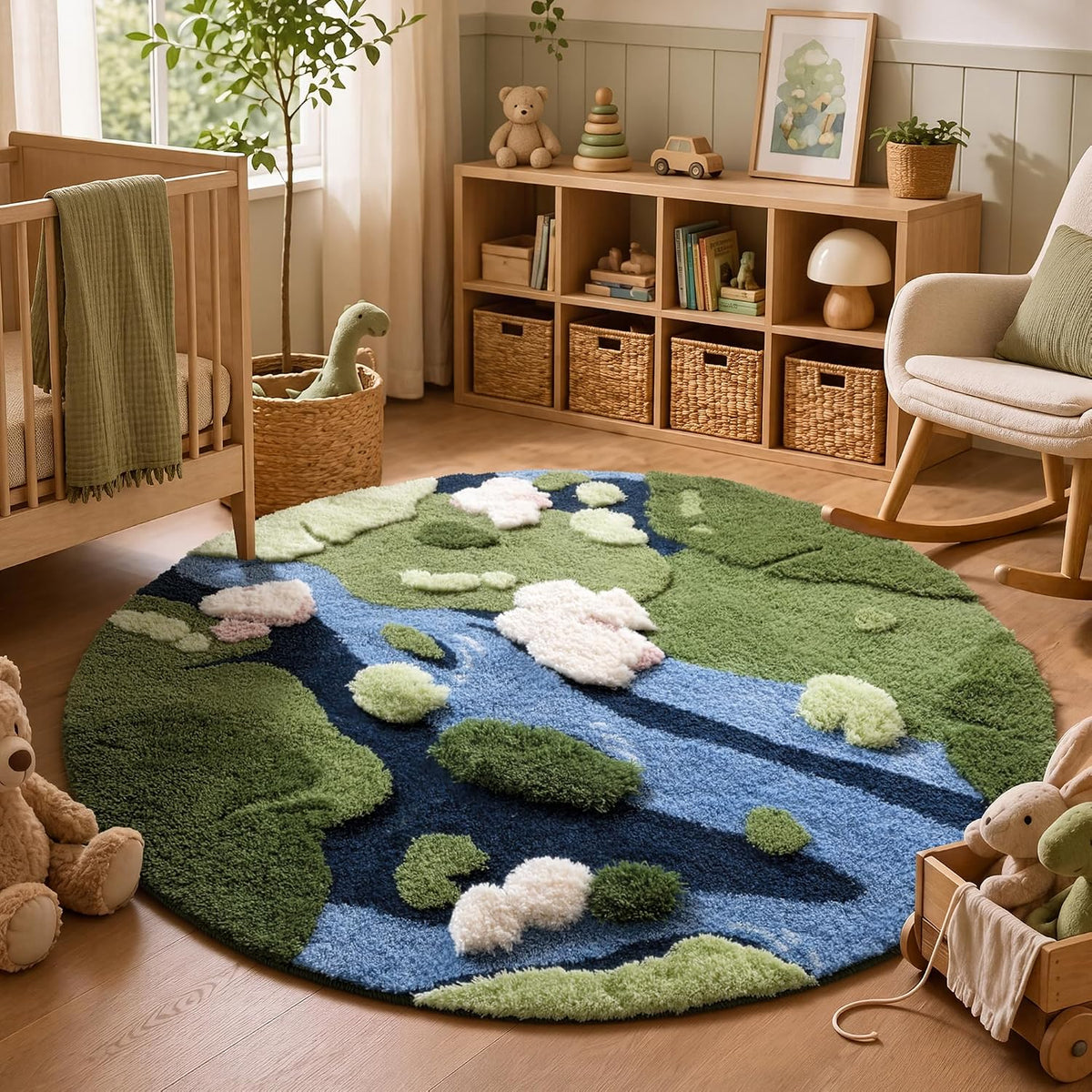 YIHOUSE 4ft Moss Round Area Rug 3D Cute Green Grass Rugs for Bedroom Machine Washable Non-Slip Boho Circle Rug Soft Fluffy Carpet for Living Room Bathroom Nursery Room, Pond