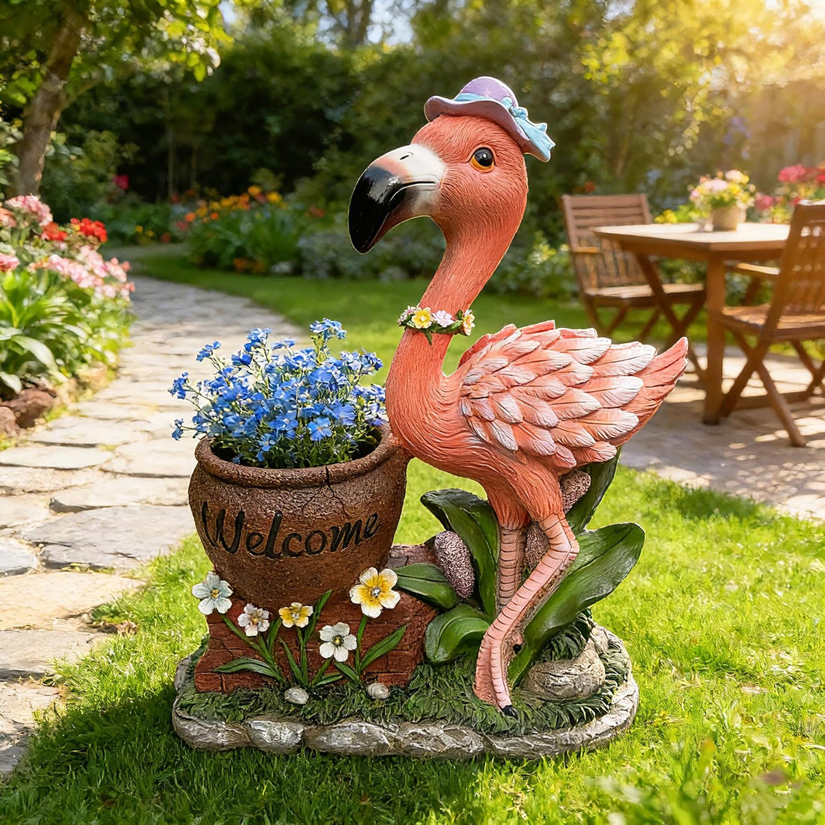 26" Outdoor Garden Sculpture Flamingo Flower Pot Planter with Solar LED Lights, Cute Resin Succulent Pot for Garden, Porch & Home Decor (Pink+Right)