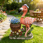 26" Outdoor Garden Sculpture Flamingo Flower Pot Planter with Solar LED Lights, Cute Resin Succulent Pot for Garden, Porch & Home Decor (Pink+Right)
