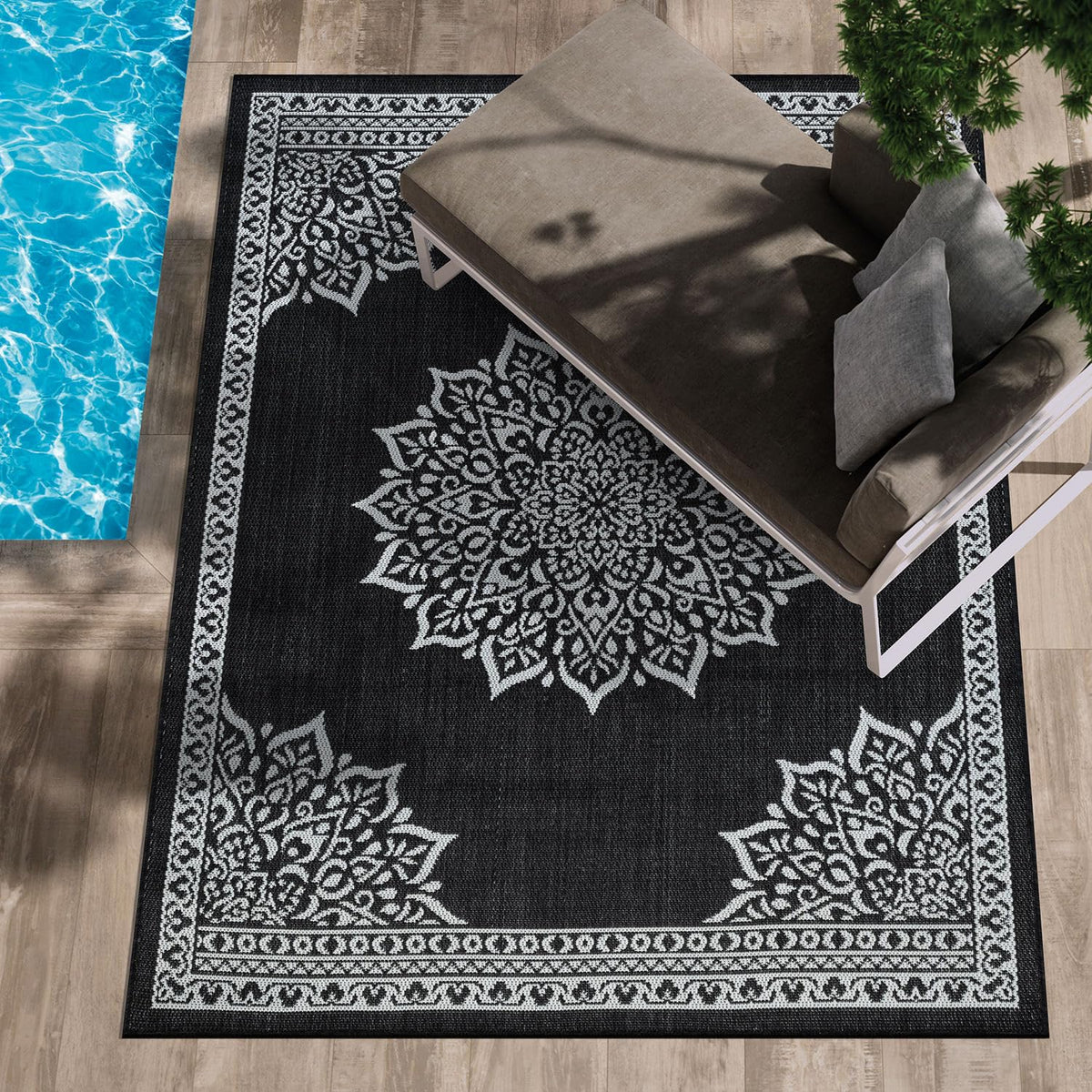 CAMILSON Outdoor Rug 6x9, Modern Outside Rugs for Patios Porches Waterproof Durable Washable Non-Shedding, Easy-to-Clean Indoor Outdoor Area Carpet (6 x 9, Bordered - Blue/White)