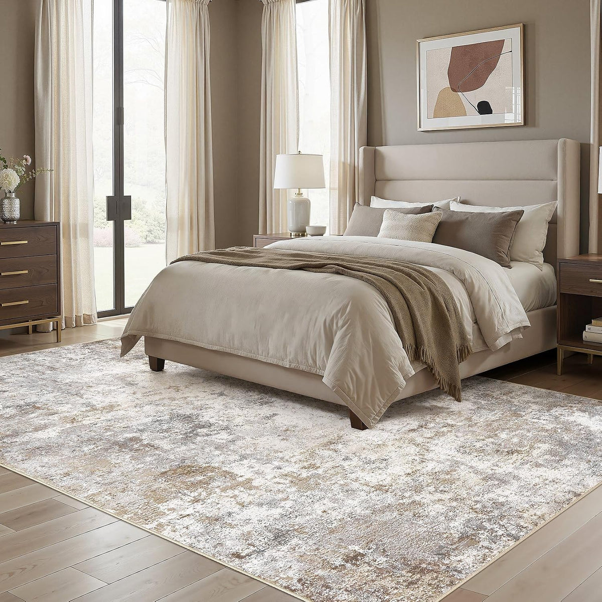 UERMEI 9x12 Area Rug Living Room Rugs - Washable Neutral Modern Abstract Soft Thin Large Rug Indoor Floor No Slip Rug Carpet for Bedroom Under Dining Table Home Office Decor - Brown Grey
