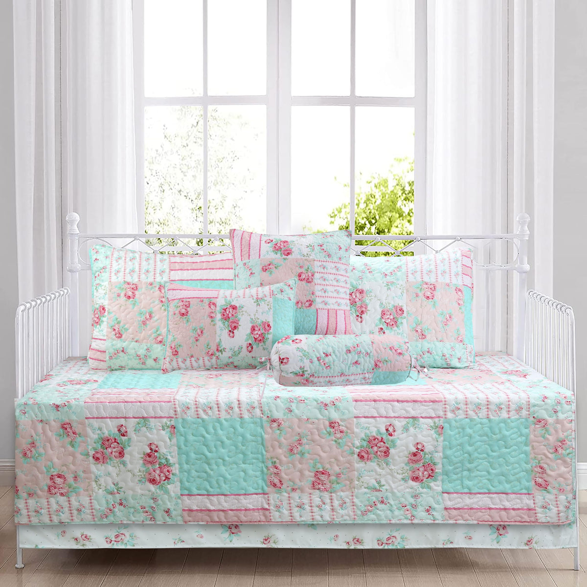 Cozy Line Home Fashions Turquoise Blue Coral Floral Leaf Reversible Quilt Bedding Set, Coverlet Bedspread Lightweight for All Seasons (Mirage Paisley, King - 6 Piece)