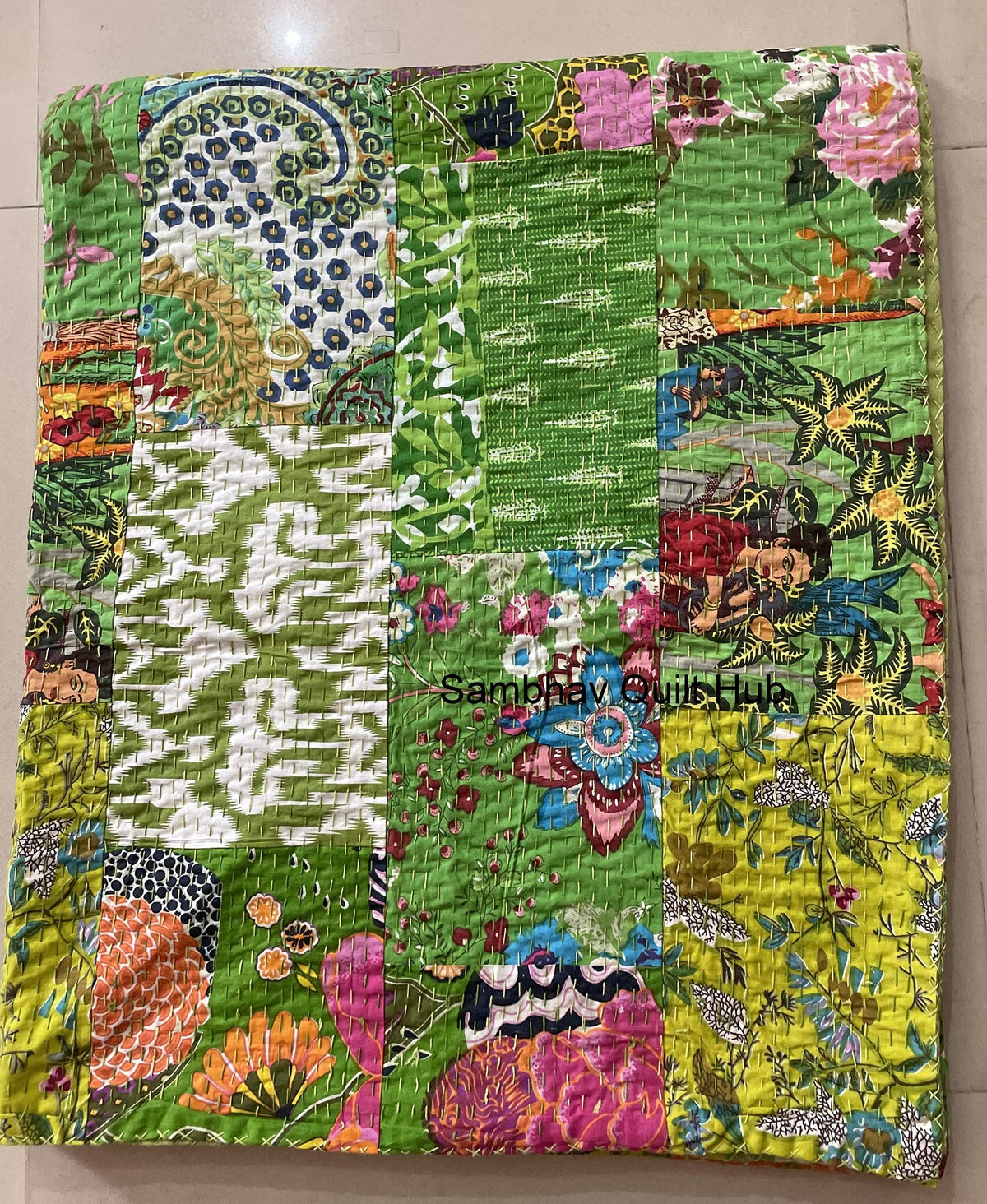 Traditional Handblock Print Multi Floral Assorted Cotton Patchwork Kantha Quilt Home Decorative Handmade Patch Quilted King Size Bohemian Bedding Throw Blanket Vintage Quilt (Yellow, 108X108 inches)