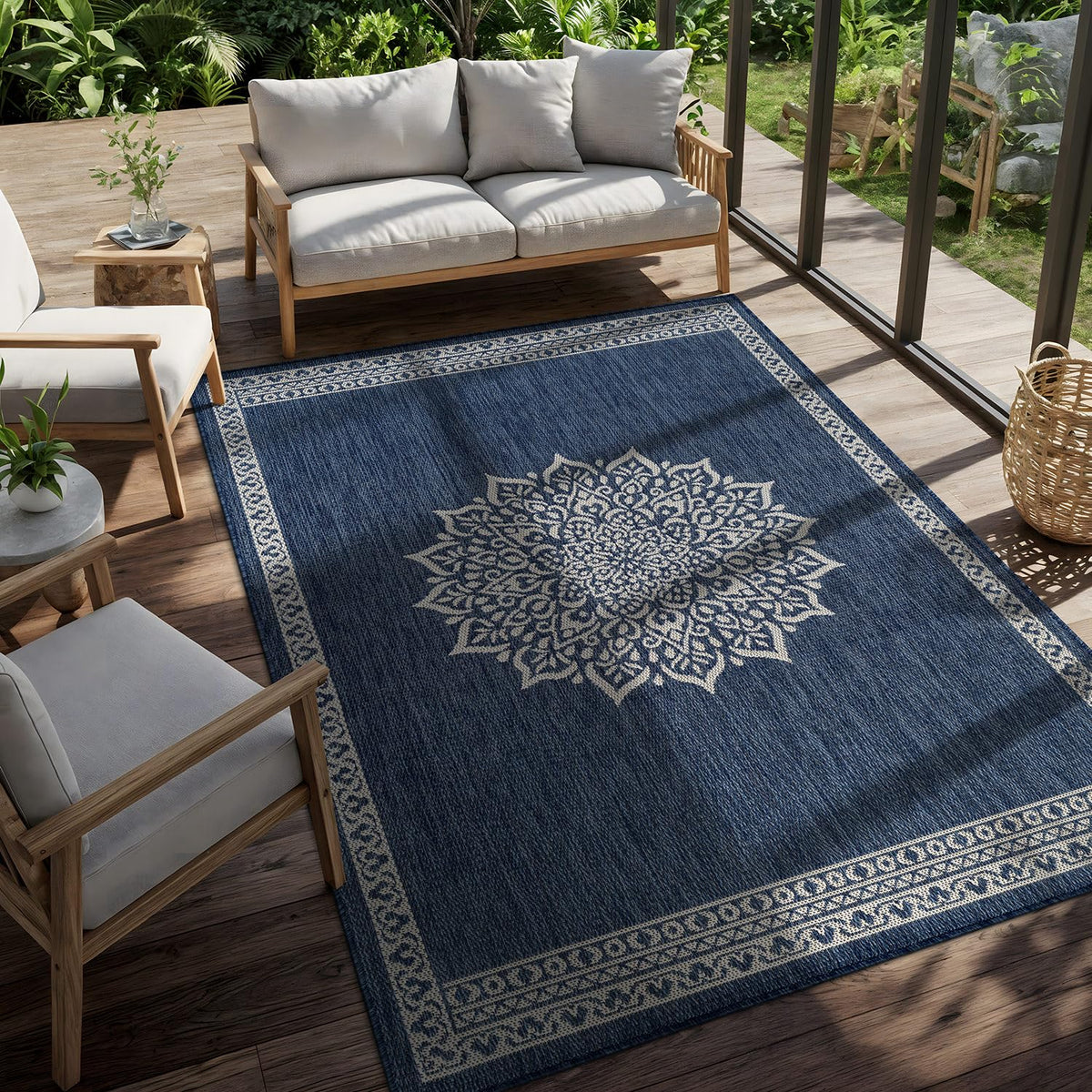 CAMILSON Outdoor Rug 6x9, Modern Outside Rugs for Patios Porches Waterproof Durable Washable Non-Shedding, Easy-to-Clean Indoor Outdoor Area Carpet (6 x 9, Bordered - Blue/White)
