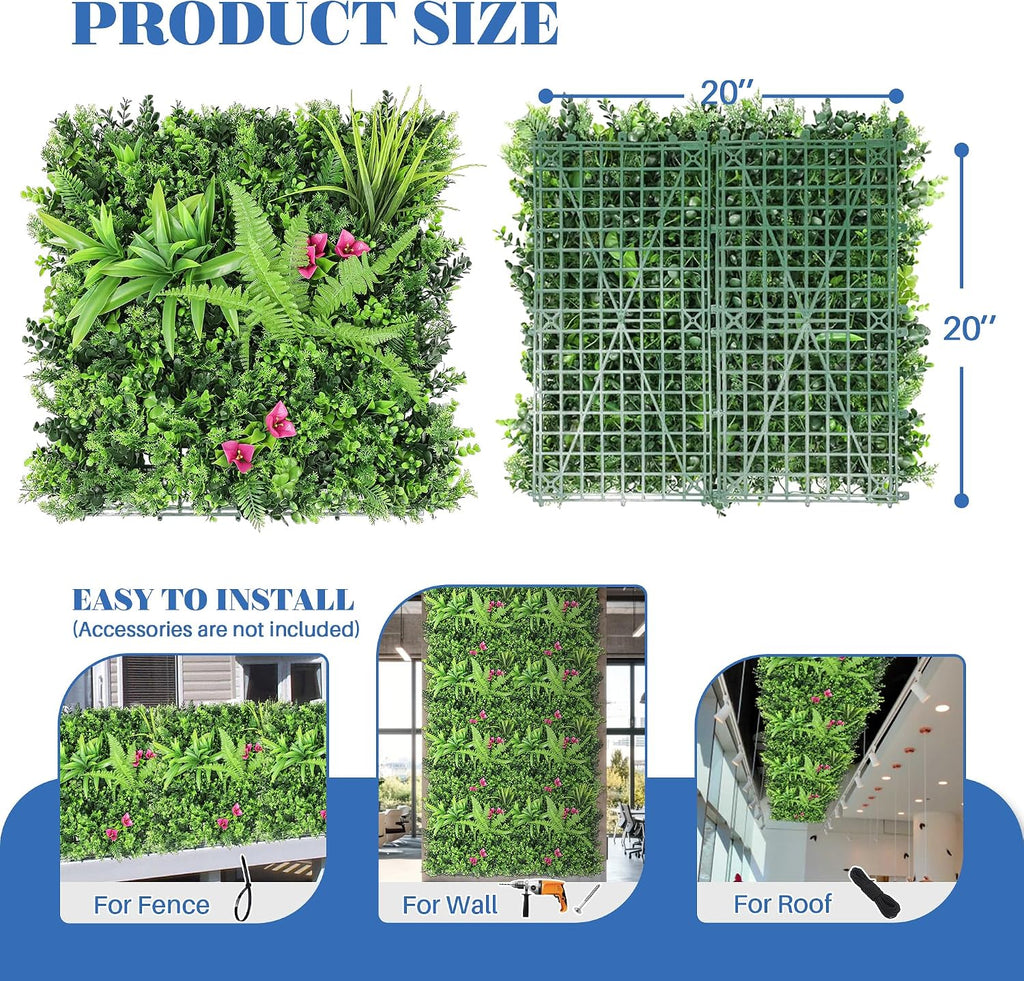 ECOOPTS 20"x20" Faux Ivy Privacy Fence Screen Artificial Boxwood Panels Topiary Hedge Plants for Indoor Outdoor Decoration, 12 Mixed Leaves, 21 Packs