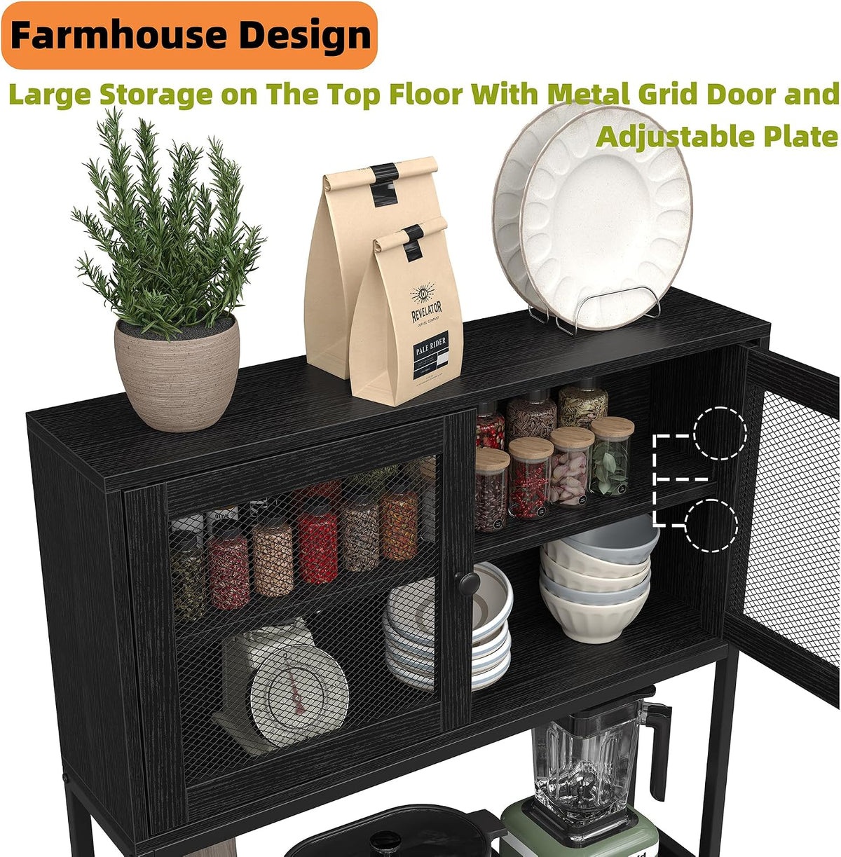 Furniouse 6-Tier Kitchen Bakers Rack with Power Outlet, Industrial Microwave Oven Stand with Shelves, Dust Prove Door, Standing Storage Rack (Black)