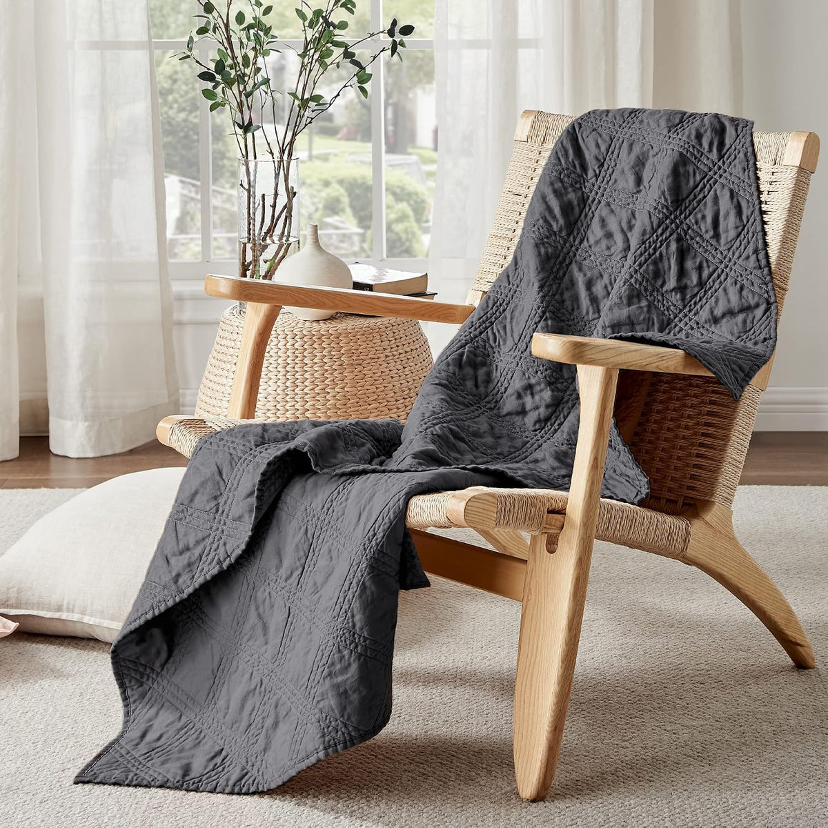 Levtex Home - 100% French Flax Linen Front/100% Cotton Back - Quilted Throw - French Flax Washed Linen - Charcoal - Throw Size (50 x 60in.)