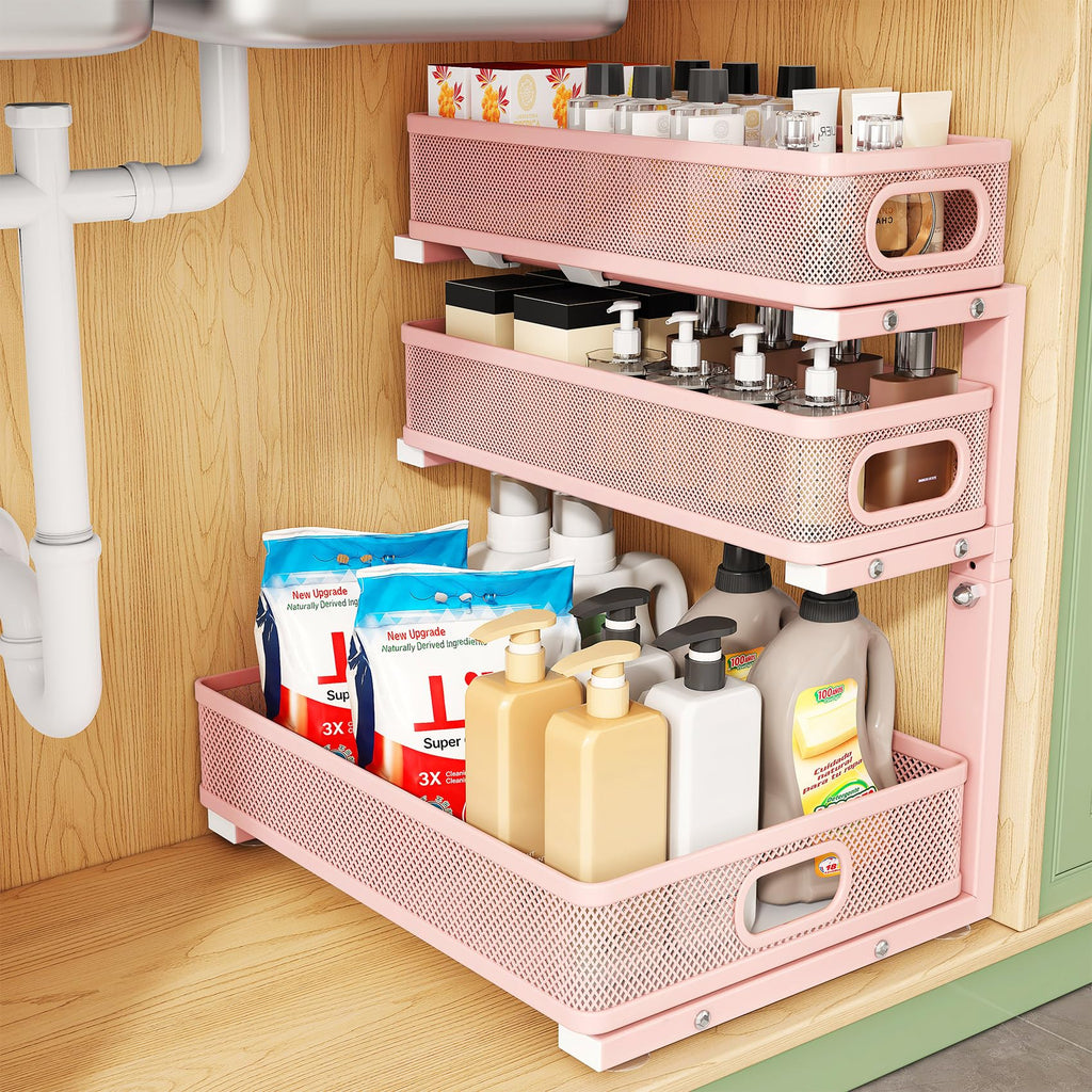 Kitstorack Under Sink Organizer, 2-Pack 3-Tier Height Adjustable Thickened Metal Pull out Cabinet Organizer Shelf, Slide out Storage Drawer Rack for Bathroom Kitchen Pantry Home Laundry Organization