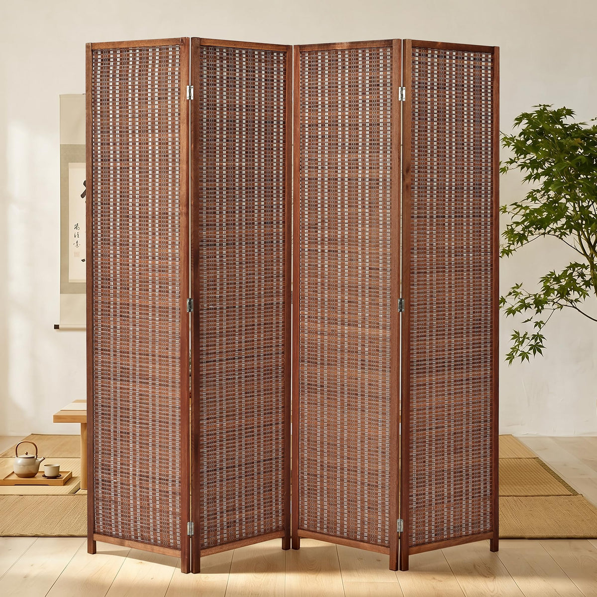 4 Panel Bamboo Room Divider, Folding Privacy Screen, Natural