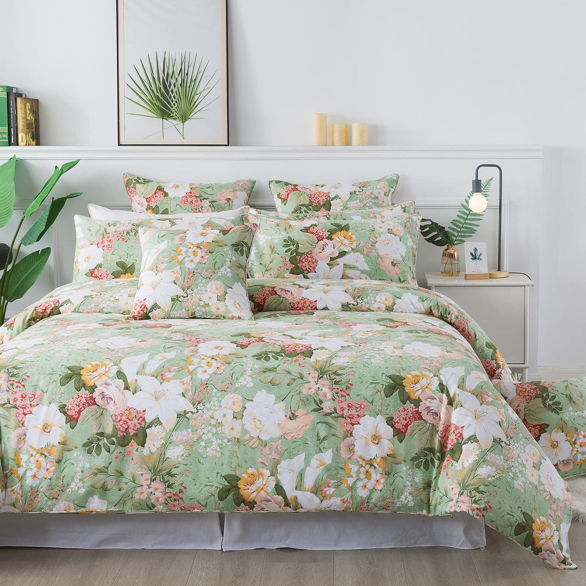 FADFAY Floral Duvet Cover Set 100% Cotton Green Striped and Beige Bedding White Flower Branches Print 600 TC Soft Reversible Zipper Bed Cover & 2 Pillowcases,King/Cal King(106x92)