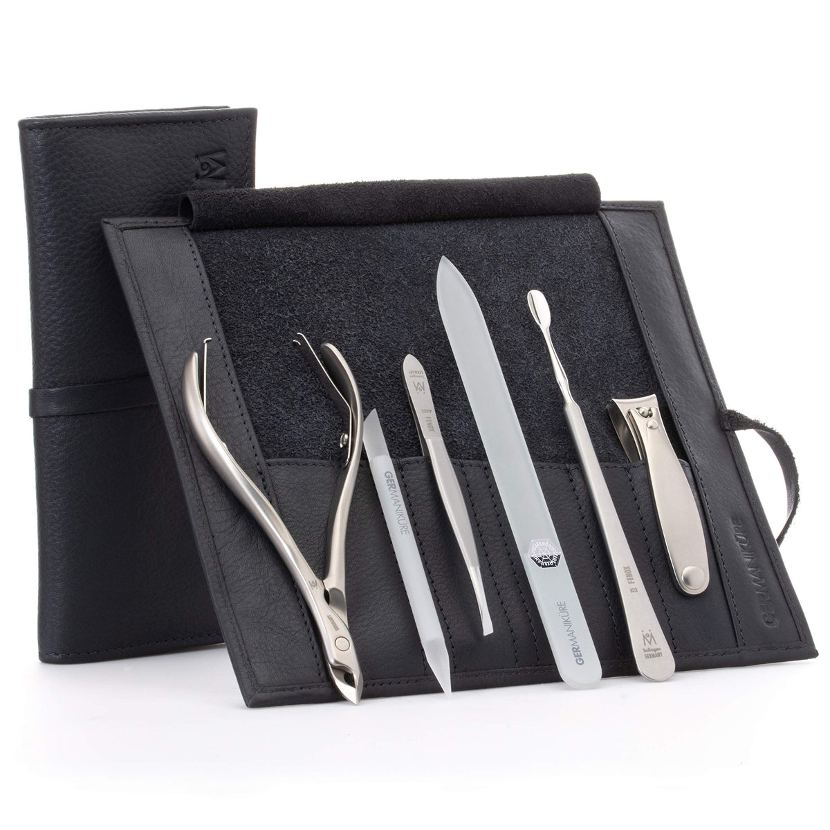 GERMANIKURE 7pc Manicure & Pedicure Set, FINOX Steel, Purple Leather Roll